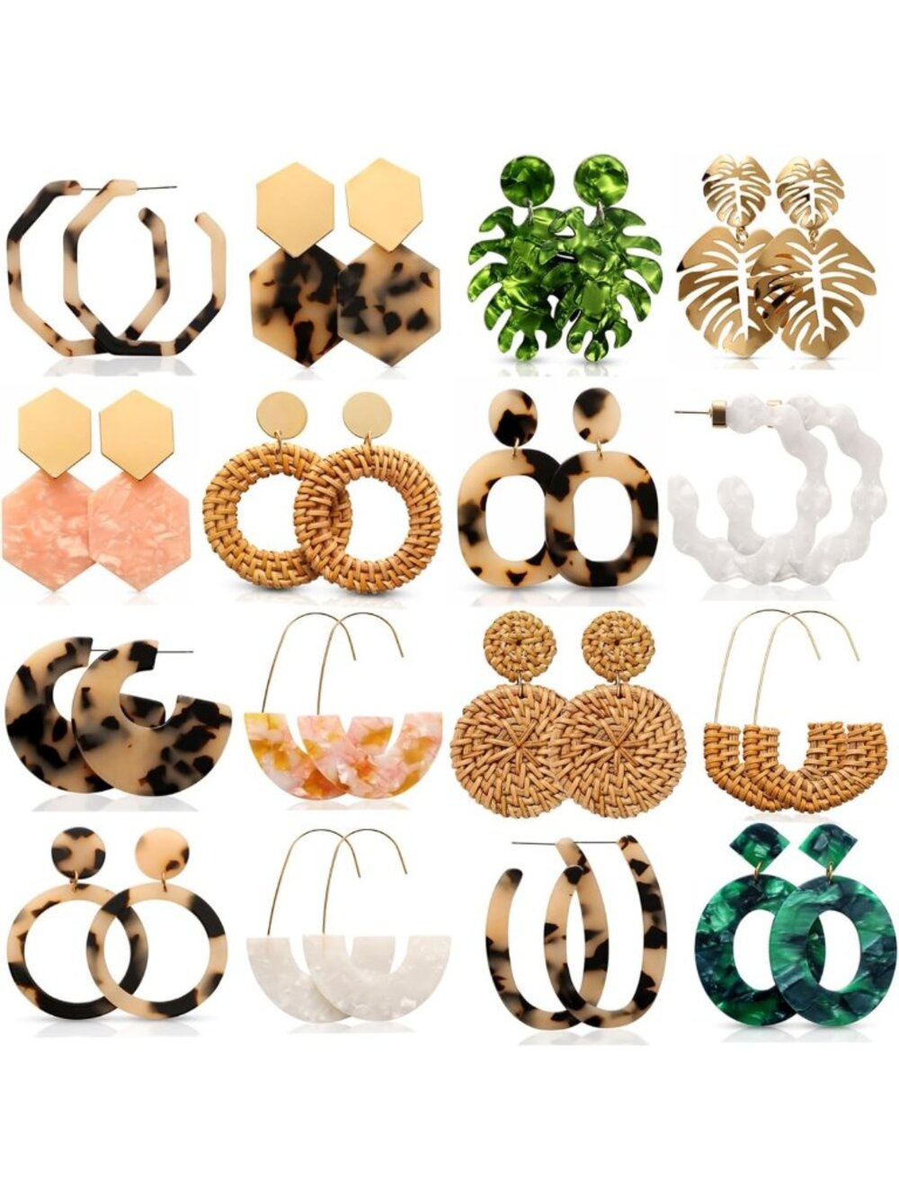 16 Pairs Colorful Statement Earrings Set - Acrylic & Rattan for Women